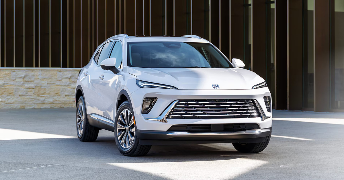 2025 Buick Envision front view in white showcasing premium SUV design and safety technology