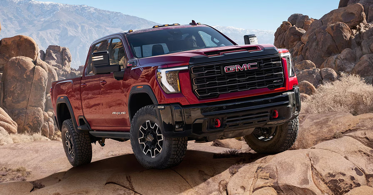 2025 GMC Sierra HD exterior design in red showcasing heavy-duty truck capability and styling